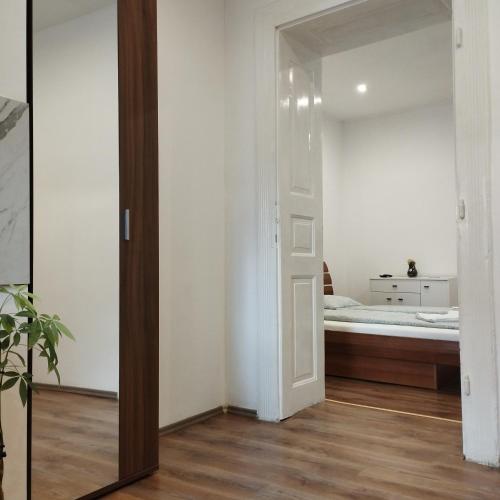 a bedroom with a bed and a mirror at Apartmány 77 in Veľký Meder