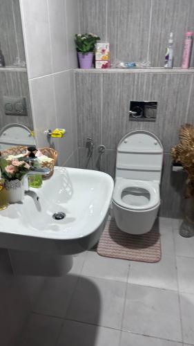 uma casa de banho com um WC branco e um lavatório. em Love place em Abu Dhabi