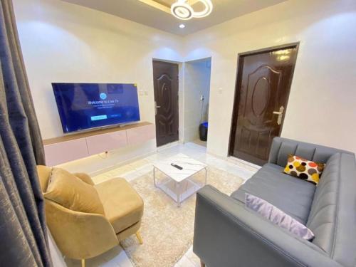 a living room with a couch and a tv at Dlulus Ventures Mini Flat apartment sabo in Lagos