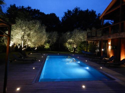 une piscine dans une cour la nuit dans l'établissement BISCALODGE, à Biscarrosse