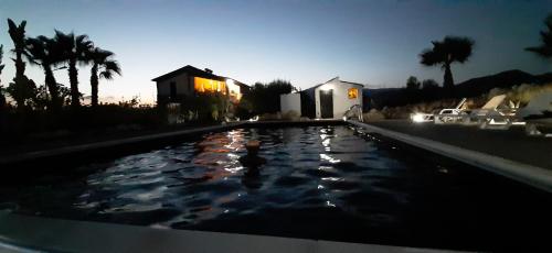 a pool of water with a house and palm trees at Villa NERO BIANCO, Havre de paix, oliviers, piscine privée in Agrigento