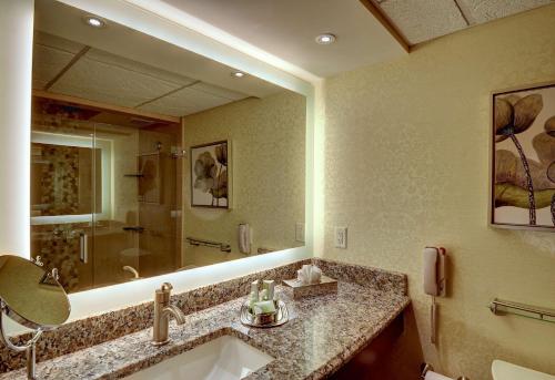 a bathroom with a sink and a large mirror at Eden Resort and Suites, BW Premier Collection in Lancaster