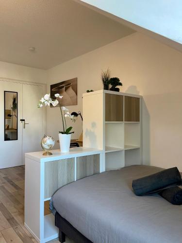 ein Schlafzimmer mit einem weißen Regal und einem Bett in der Unterkunft L'Hellébore - Centre ville de Rennes in Rennes
