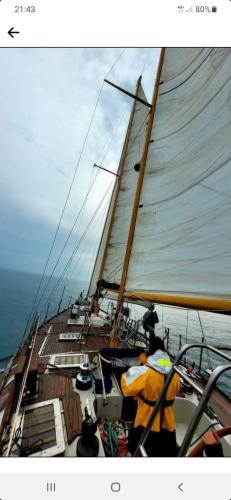 a sailboat with a person in a yellow jacket on it at Belle nuit sur l'eau in Port Leucate