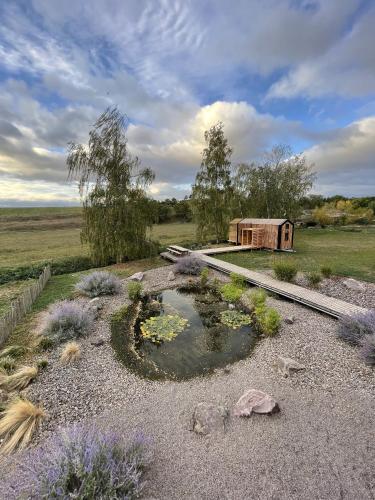 un modèle de jardin avec un étang et des pistes de train dans l'établissement MyCosyTiny, à Griesheim-près-Molsheim