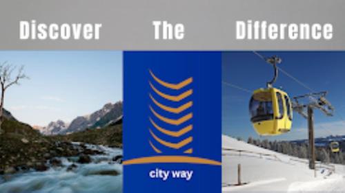 a yellow and blue sign with a ski lift at Hotel City Way, Srinagar in Srinagar