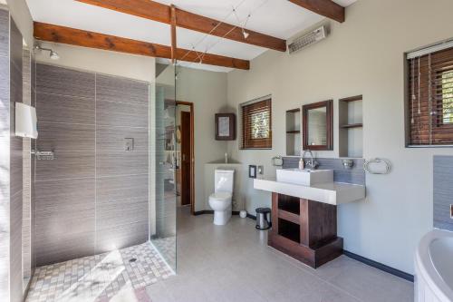 a bathroom with a shower and a sink and a toilet at Hog Hollow Country Lodge in The Crags
