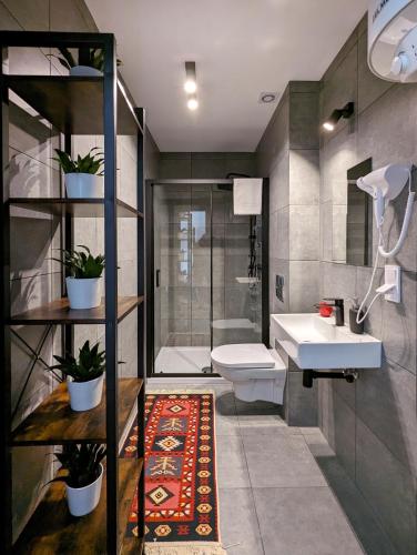 a bathroom with a sink and a toilet and a shower at Apartamenty Strzelecka 34 in Poznań