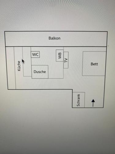 a block diagram of a bedroom with a bed and a desk at LOFT4YOU Work & Stay, HOME OFFICE, W-LAN in Neuss