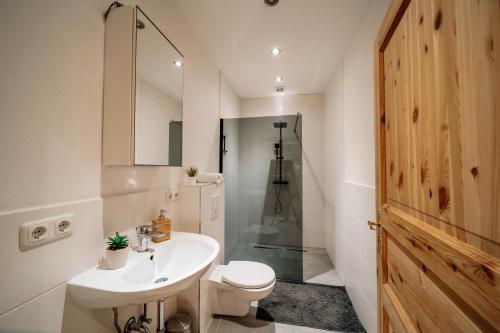 a bathroom with a sink and a toilet and a shower at Bismarck Apt mit schönem Balkon und Herrenzimmer in Bad Ems