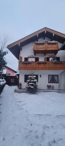 a building with a christmas tree in the snow at Haus Posaunenklang in Mittenwald