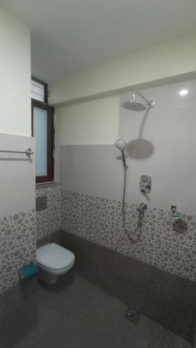 a bathroom with a shower and a toilet at Chandragiri Apartment in Khokna