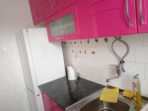 cocina con fregadero y armario rosa en Karic apartman, en Paraćin