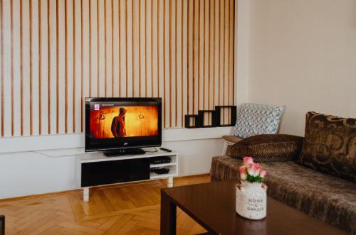een woonkamer met een tv en een bank bij Apartment Ada - at the heart of downtown Sarajevo in Sarajevo