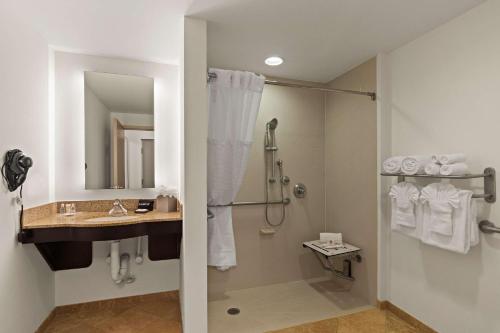 y baño con ducha y lavamanos. en Comfort Suites Vero Beach I-95 en Vero Beach