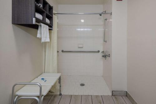 a white bathroom with a shower with a sink at Rodeway Inn in Elkton