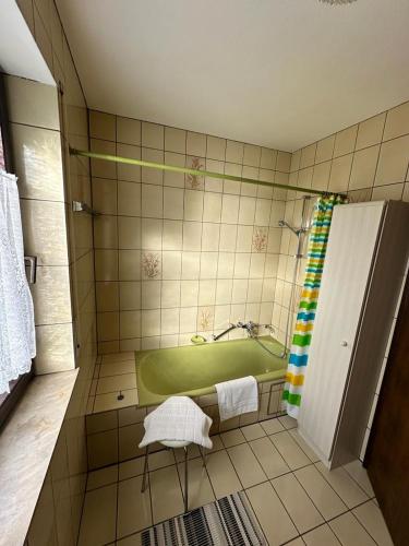 La salle de bains est pourvue d'une baignoire verte et d'un lavabo. dans l'établissement Ferienwohnung Schömberg, à Schömberg