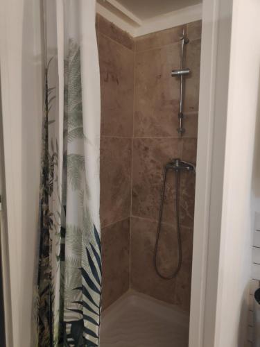 a bathroom with a shower with a shower curtain at Maison 4 personnes in Caillac