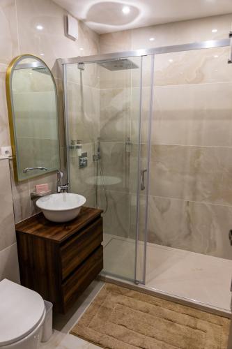 une salle de bain avec une douche, un lavabo et des toilettes dans l'établissement Appartement Vue Tour Eiffel, à Paris