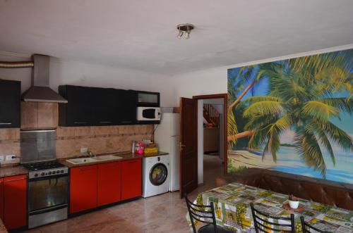 a kitchen with red cabinets and a palm tree painting on the wall at Hostel Aeropuerto Ezeiza in Monte Grande