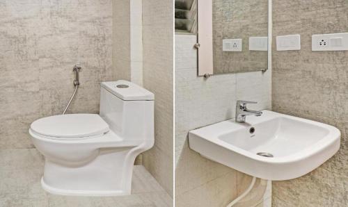 two pictures of a bathroom with a toilet and a sink at De Crown Luxury Hotel in Kākināda