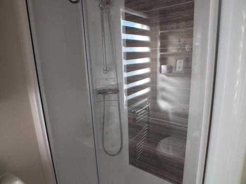 a shower with a glass door in a bathroom at Beachside Lighthouse 14 in Lossiemouth