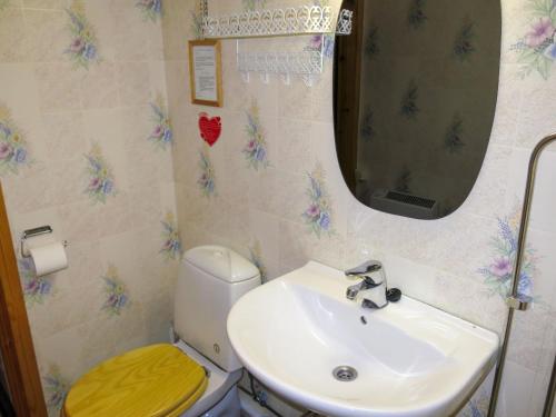 a bathroom with a sink and a toilet and a mirror at Holiday Home Midtholmen by Interhome in Konsmo