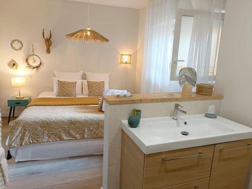 ein Schlafzimmer mit einem Bett mit einem Waschbecken und einem Spiegel in der Unterkunft Gîte *La Mariposa* Jacuzzi . Terrasse. Parking in Portel-des-Corbières