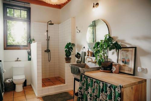 a bathroom with a sink and a shower and a toilet at Converted Barn - Tiger House Hermitage in Havelock North
