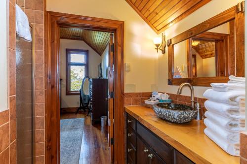 a bathroom with a sink and a mirror at Overlook Estate in The Farm in Banner Elk