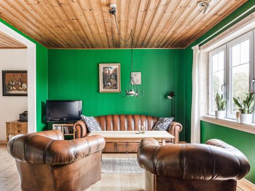 a living room with green walls and leather furniture at Holiday Home Älmegården by Interhome in Lammhult