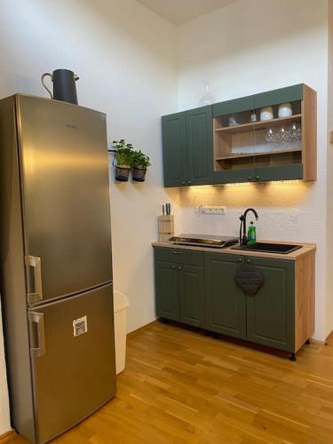 eine Küche mit grünen Schränken und einem Kühlschrank aus Edelstahl in der Unterkunft Zentral * Stilvoll * Nahe HBF * Netflix in Aachen