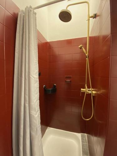 ein Bad mit einer Dusche mit einem weißen Duschvorhang in der Unterkunft Zentral * Stilvoll * Nahe HBF * Netflix in Aachen