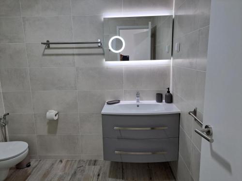 La salle de bains est pourvue d'un lavabo, de toilettes et d'un miroir. dans l'établissement Amigos para Sempre - Casa de Hóspedes, à Ferragudo