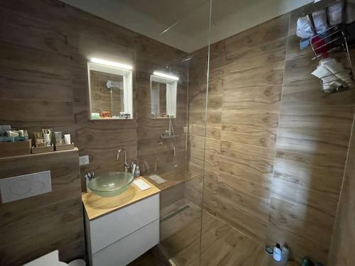 a bathroom with a sink and a glass shower at Wide, bright and quiet loft in Geneva