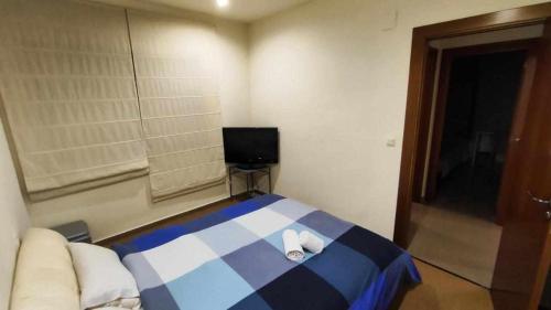 カステリョン・デ・ラ・プラナにあるMinvas trinidadのベッドルーム(青と白のベッド1台、窓付)
