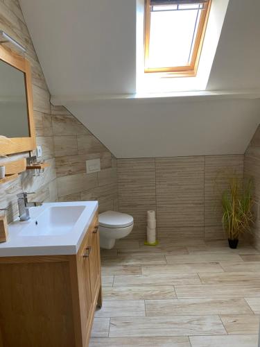 une salle de bain avec un lavabo et des toilettes et une fenêtre dans l'établissement Chambre proche circuit, au Mans