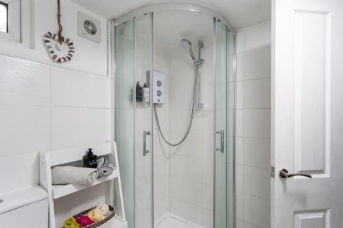 a shower with a glass door in a bathroom at Alpaca Lodge in Burford