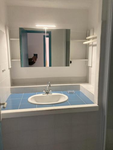 une salle de bain avec un lavabo et un miroir dans l'établissement ST CYPRIEN D29 -4/5 pers- à 250m de la plage de sable Saint Cyprien, à Lecci