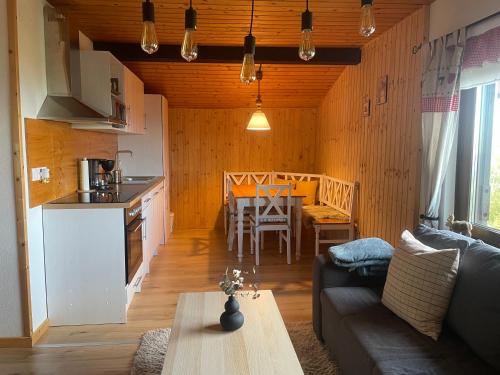Il dispose d'une cuisine et d'un salon avec un canapé et une table. dans l'établissement WeiXL Schi&Bike Appartements-Bike in&Bike out neben Wexl Trails Bikepark, à Sankt Corona am Wechsel