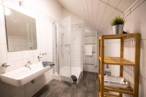 La salle de bains blanche est pourvue d'un lavabo et d'une douche. dans l'établissement Ferienwohnung Rose im gemütlichen Gästehaus Benedikt, à Fischbach