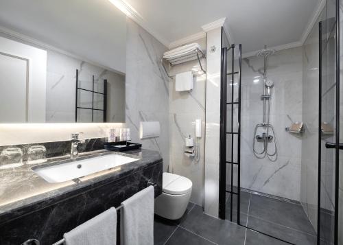een badkamer met een wastafel, een toilet en een douche bij Kremlin Palace in Lara
