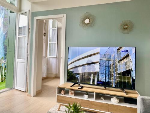 ein Wohnzimmer mit einem großen Flachbild-TV in der Unterkunft Appt Cosy résidence Palmareda in Tarbes