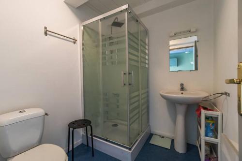 La salle de bains est pourvue d'une douche en verre et d'un lavabo. dans l'établissement Parenthèse Verte - petite maison à Guingamp, à Guingamp