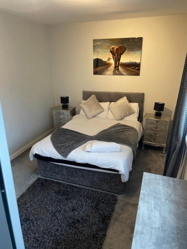a bedroom with a bed and a painting on the wall at Fantastic full 3 bedroom modern apartment in Belfast