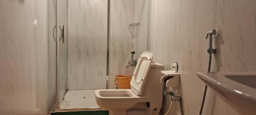 a white bathroom with a toilet and a sink at Goona palace houseboats in Srinagar