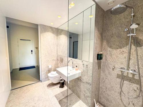 een badkamer met een douche, een wastafel en een toilet bij Chic Atelier with Breathtaking Waterfront in Kopenhagen