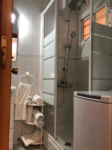 een badkamer met een douche en een glazen deur bij Hercules estudio con vistas al mar in Benalmádena