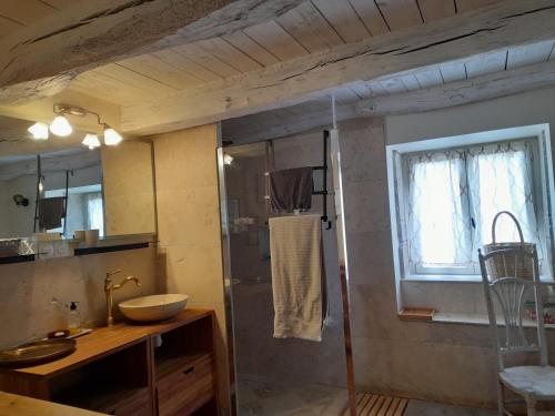 een badkamer met een douche, een wastafel en een wastafel bij Les Vacances in Passy