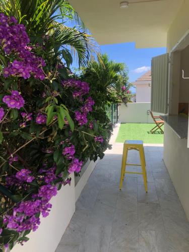 a yellow stool sitting on a patio with purple flowers at ELOMY VILLA in Albion